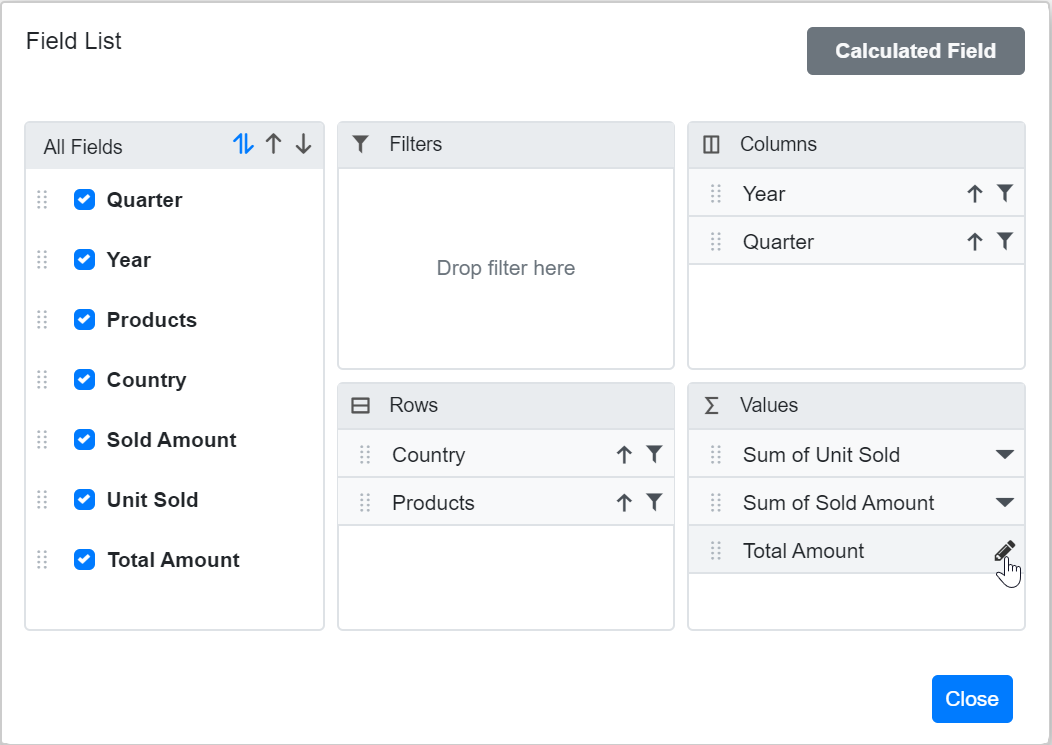 Editing Calculated Field in Blazor PivotTable