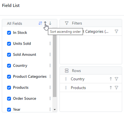 Field list with sorting options in Blazor Pivot Table
