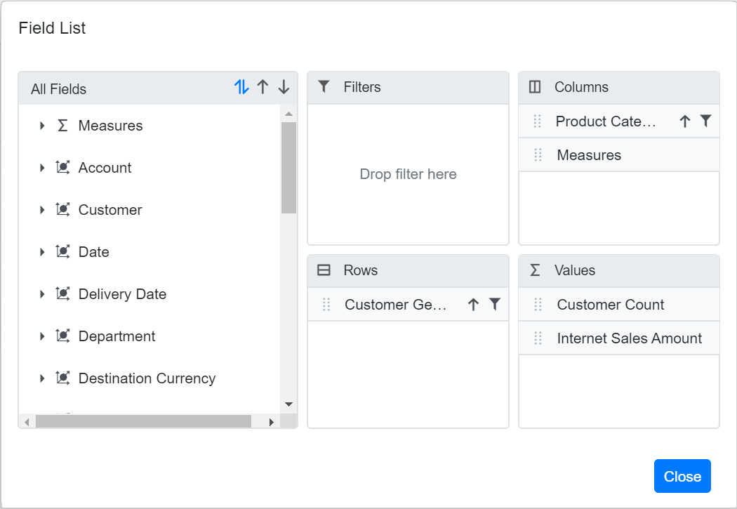 Blazor PivotTable with OLAP FieldList Dialog
