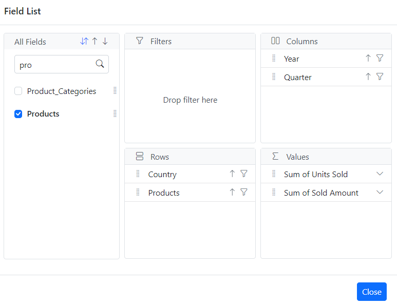 Popup Field List with search in Blazor Pivot Table