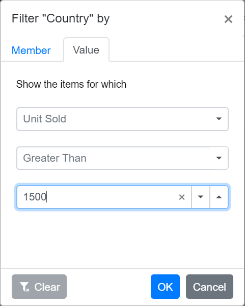 Value Filter Tab in Blazor PivotTable