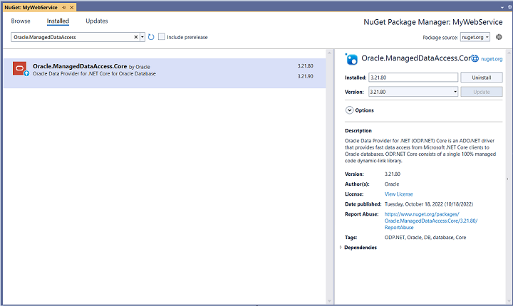 Add the NuGet package Oracle.ManagedDataAccess.Core to the project