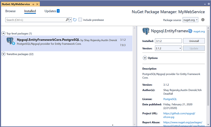 Installing the Npgsql.EntityFrameworkCore.PostgreSQL NuGet package