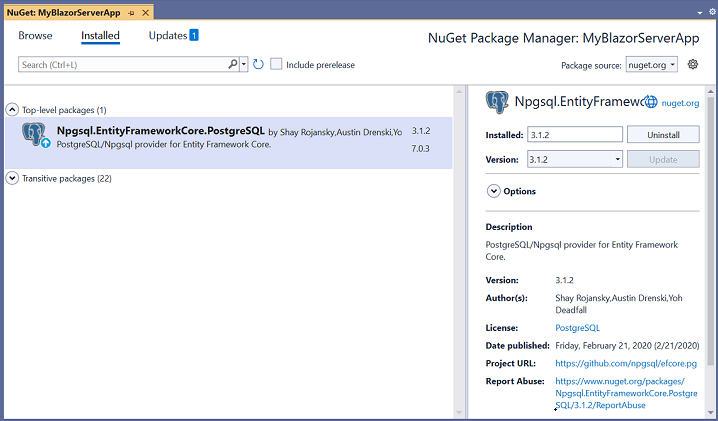 Installing the Npgsql.EntityFrameworkCore.PostgreSQL NuGet package