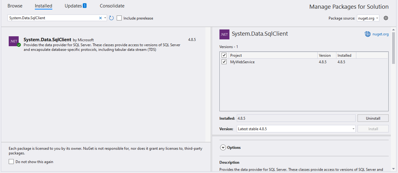 Add the NuGet package System.Data.SqlClient to the project