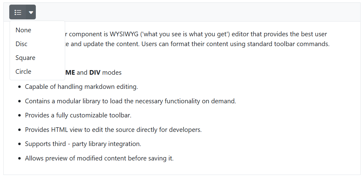 Blazor RichTextEditor bullet formatlist