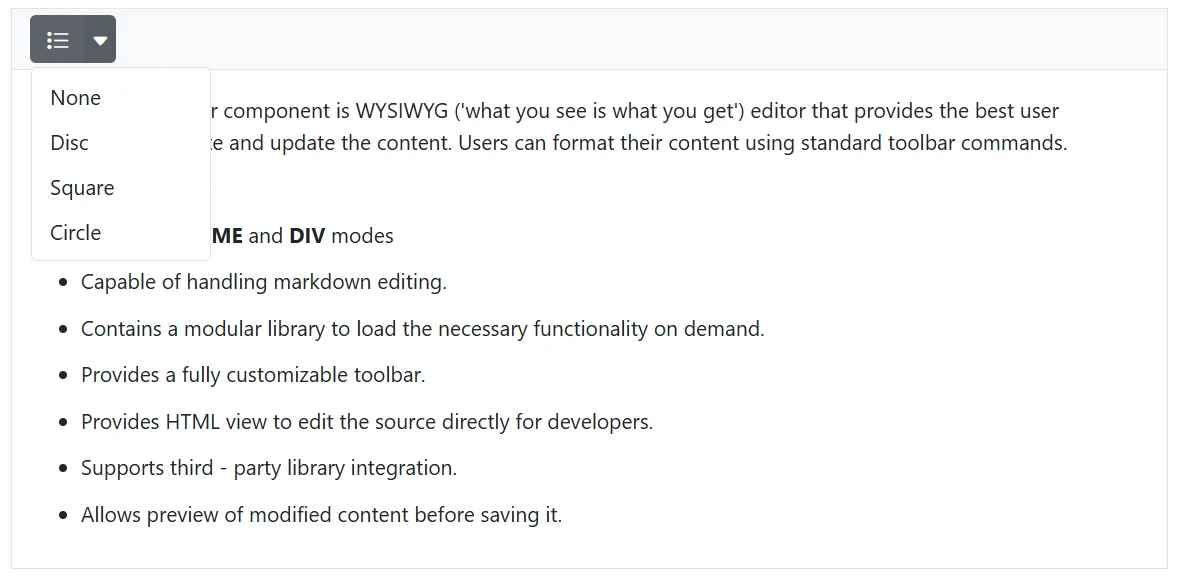Blazor RichTextEditor bullet formatlist