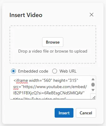 Blazor Rich Text Editor insert video from web