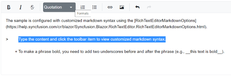 Blazor RichTextEditor with Markdown Custom Format Syntax