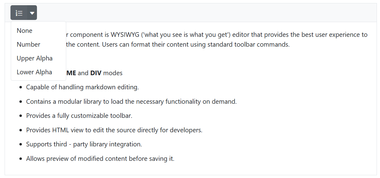 Blazor RichTextEditor number formatlist