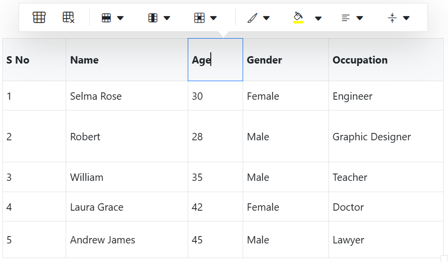 Blazor RichTextEditor table quick toolbar