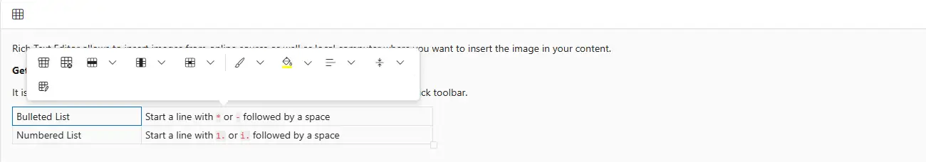 Blazor RichTextEditor table quick toolbar