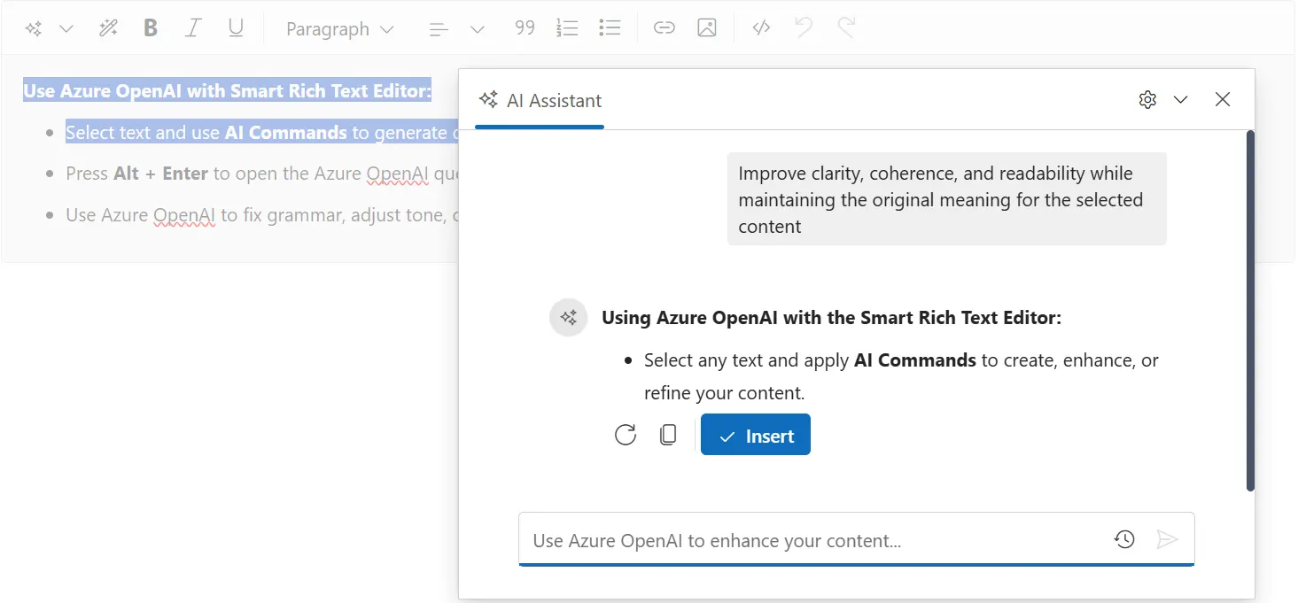 Blazor Smart Rich Text Editor Azure OpenAI Integration