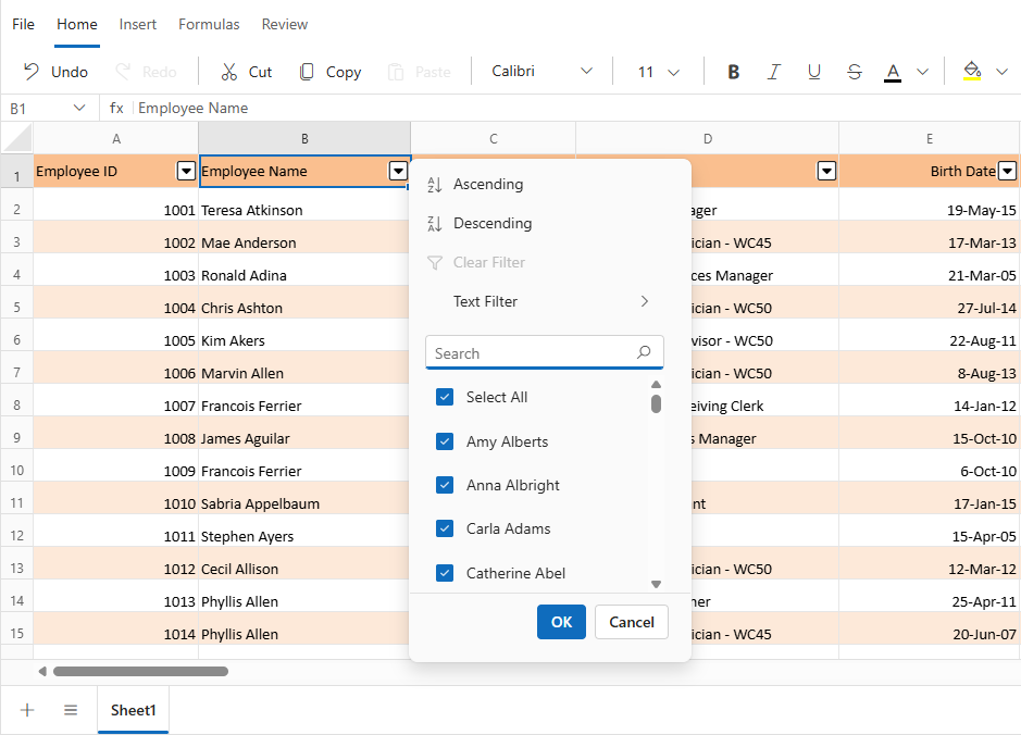 Filter dialog