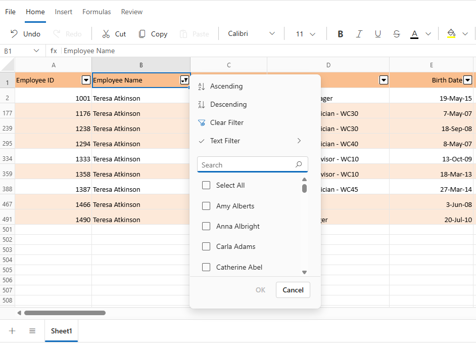 Clear filter option using Filter Icon