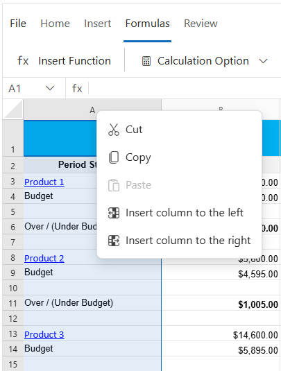UI showing context menu options for column header
