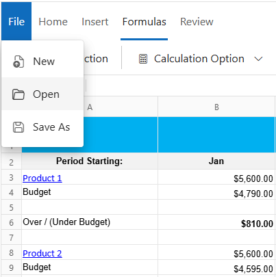 UI showing file menu with open option