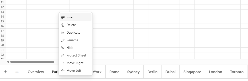Insert sheet context menu