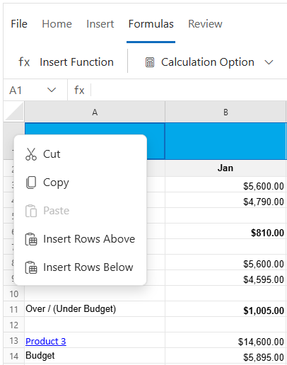 UI showing context menu options for row header