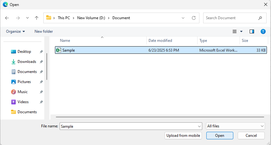 File explorer showing Excel file