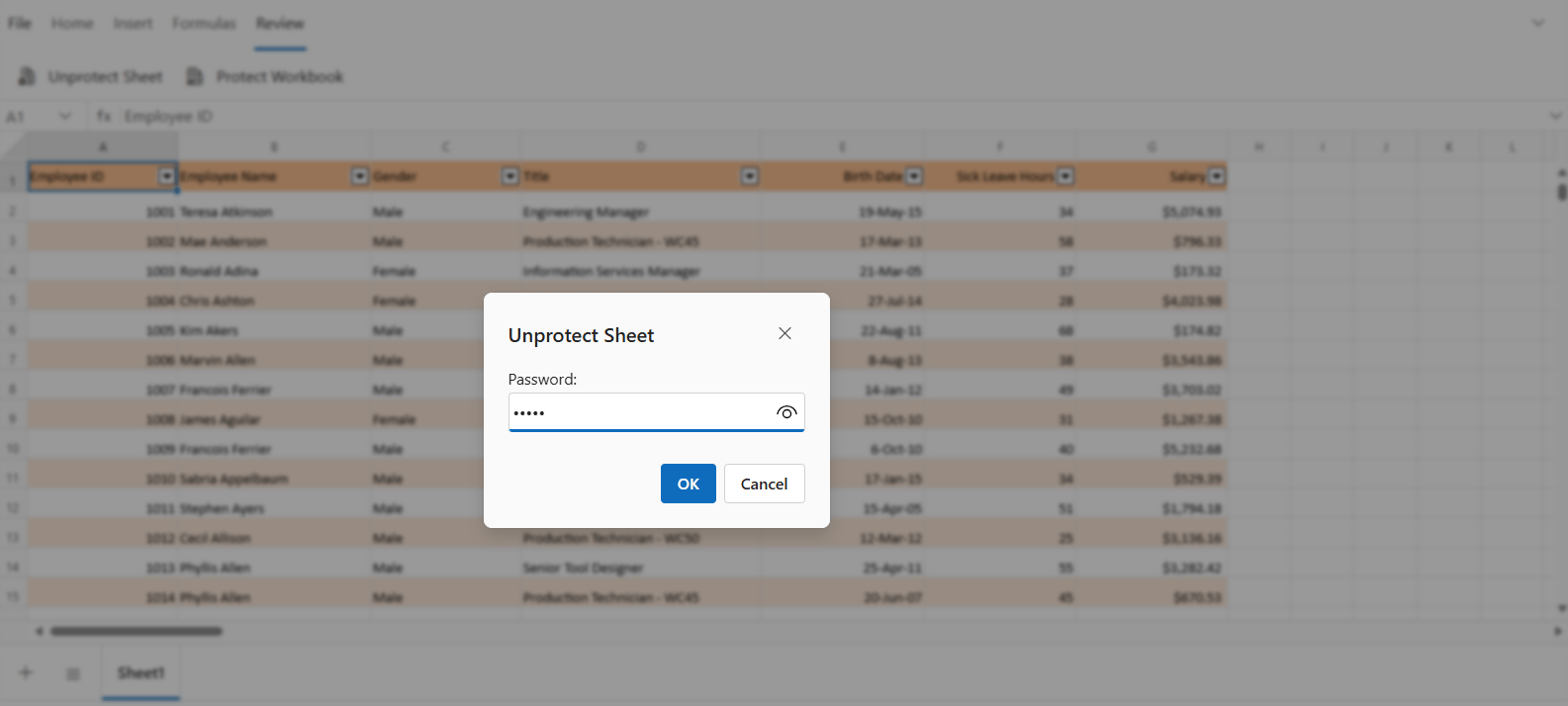 Unprotected Sheet Dialog