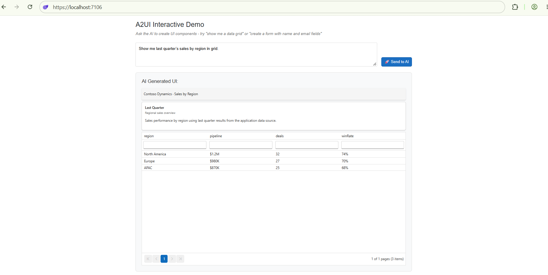 Syncfusion A2UI getting-started output