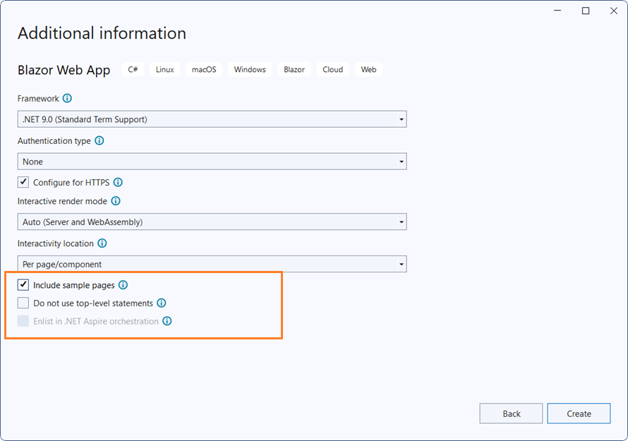 Create Blazor Web App dialog in Visual Studio