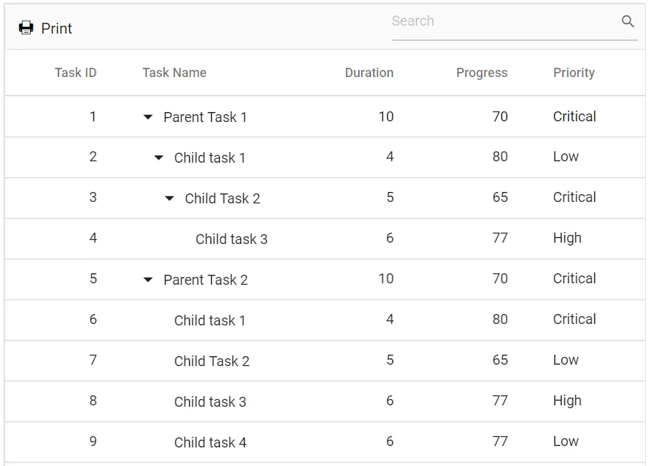 Blazor TreeGrid with Built-in Toolbar