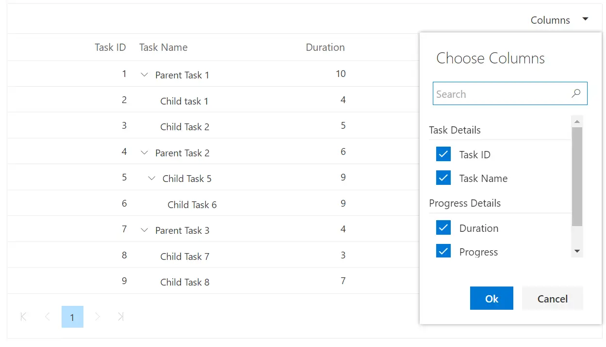 Column Chooser with Group in Blazor Tree Grid