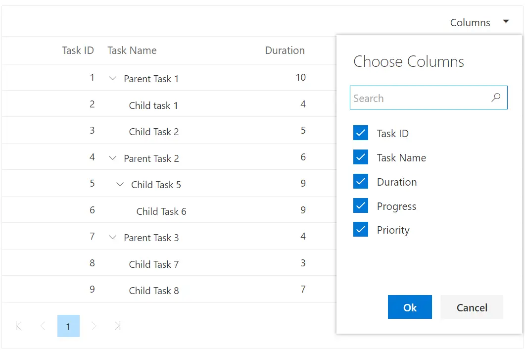 Column Chooser Template with Blazor Tree Grid