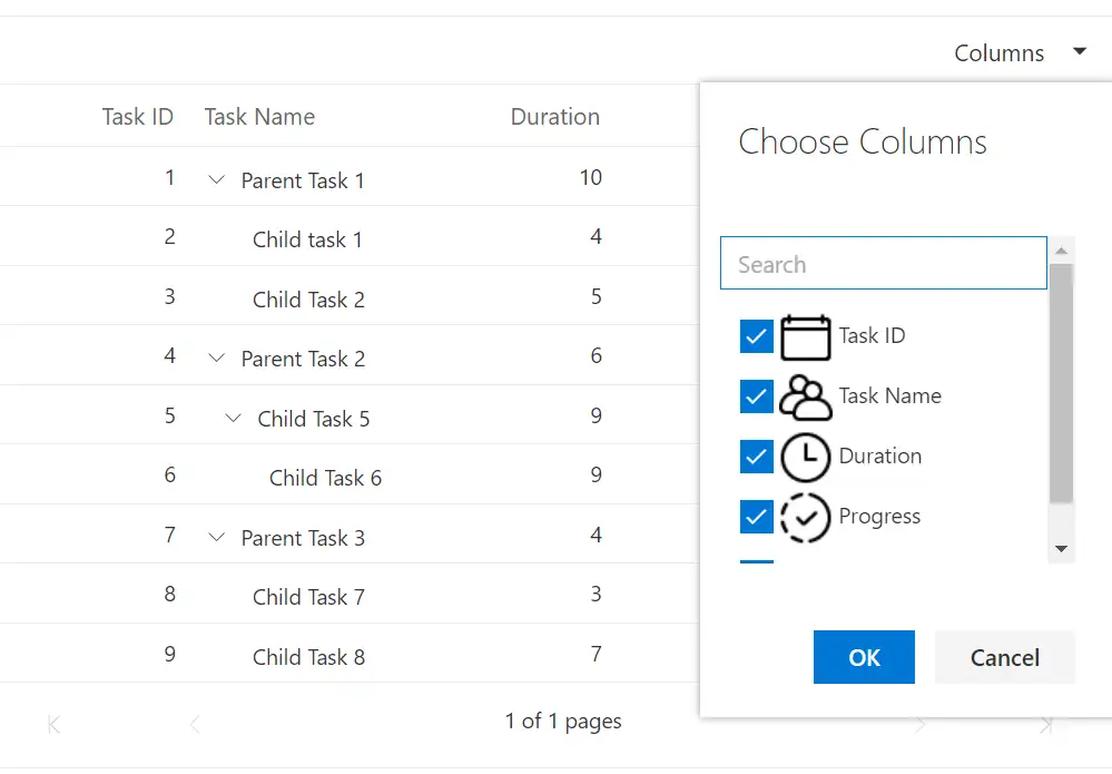 Column Chooser Template with Blazor Tree Grid