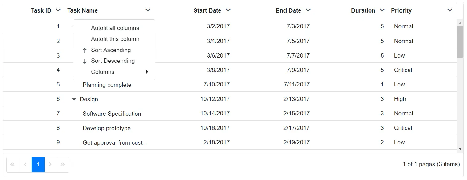 Customizing Column Menu Icon in Blazor TreeGrid