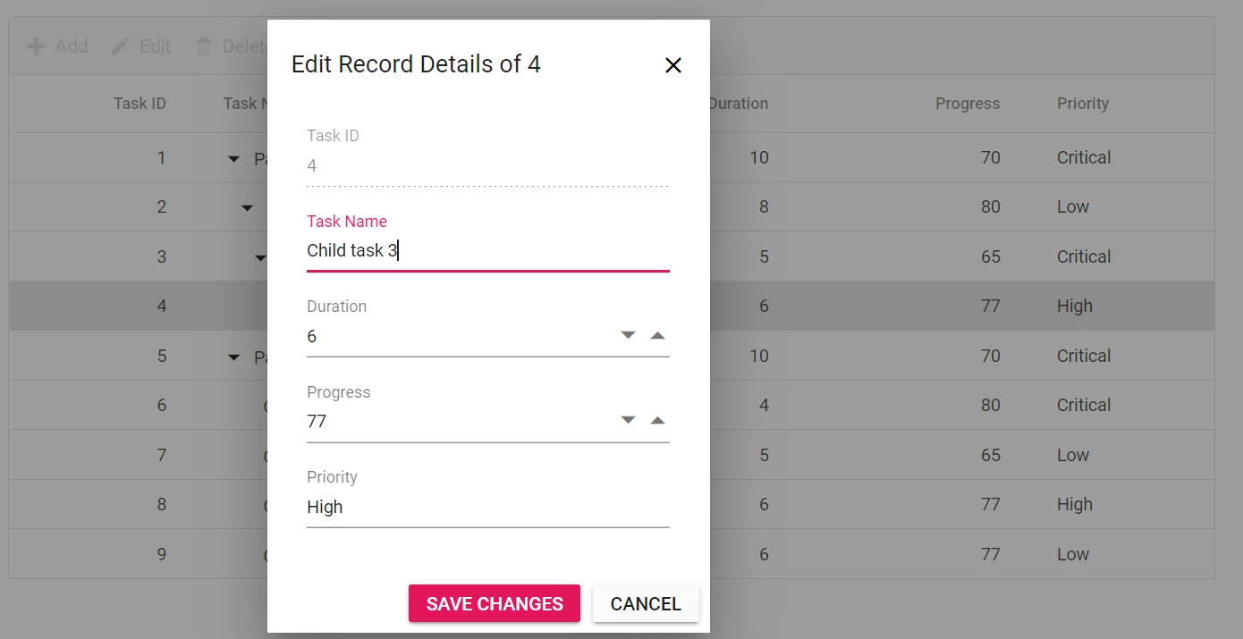 Customize the header and footer of edit dialog in Blazor Tree Grid