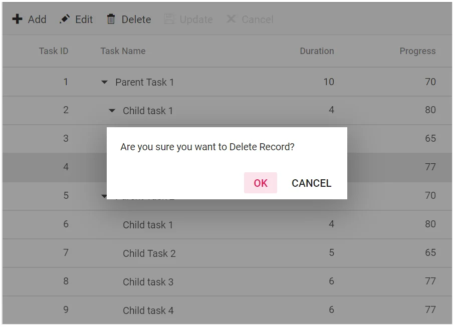 Delete Confirmation Dialog in Blazor TreeGrid