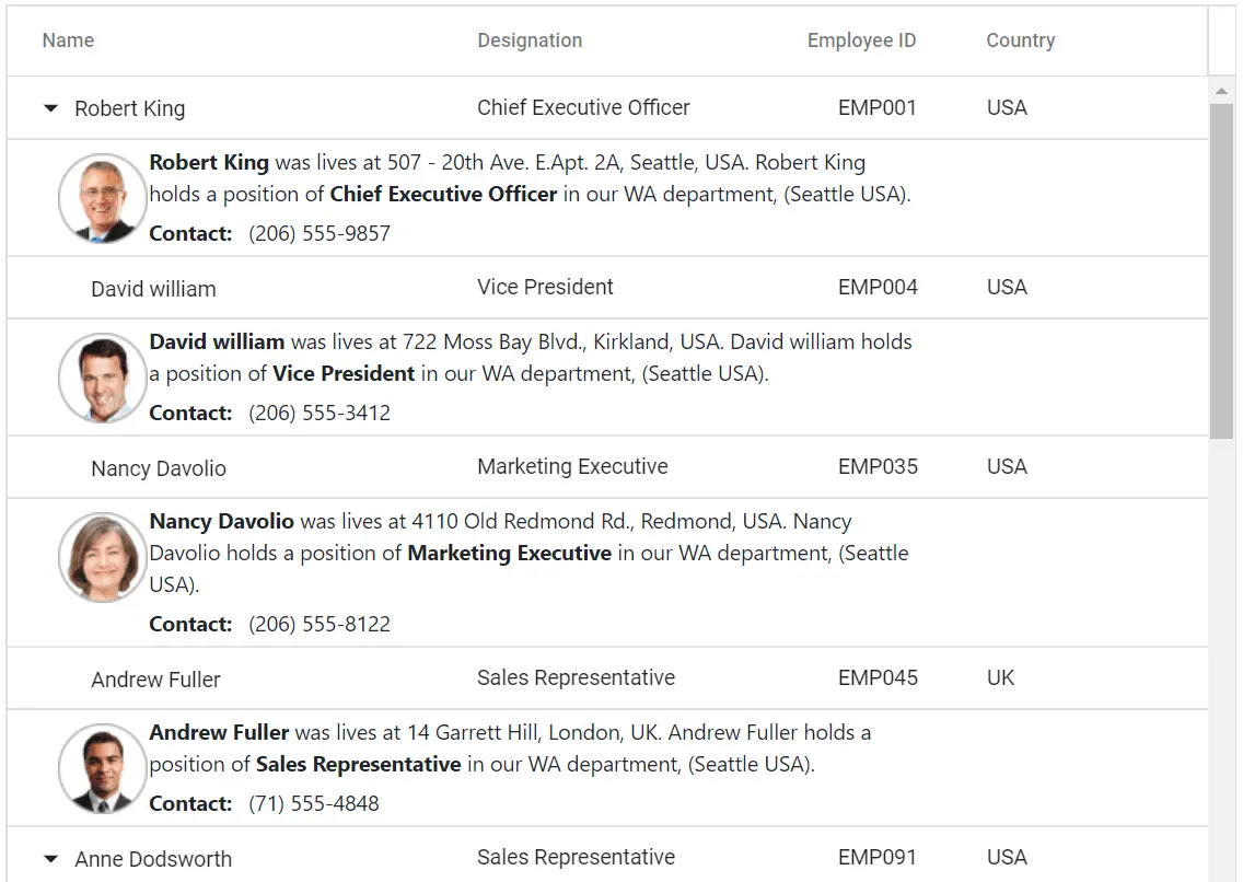 Blazor Tree Grid with Detail Template