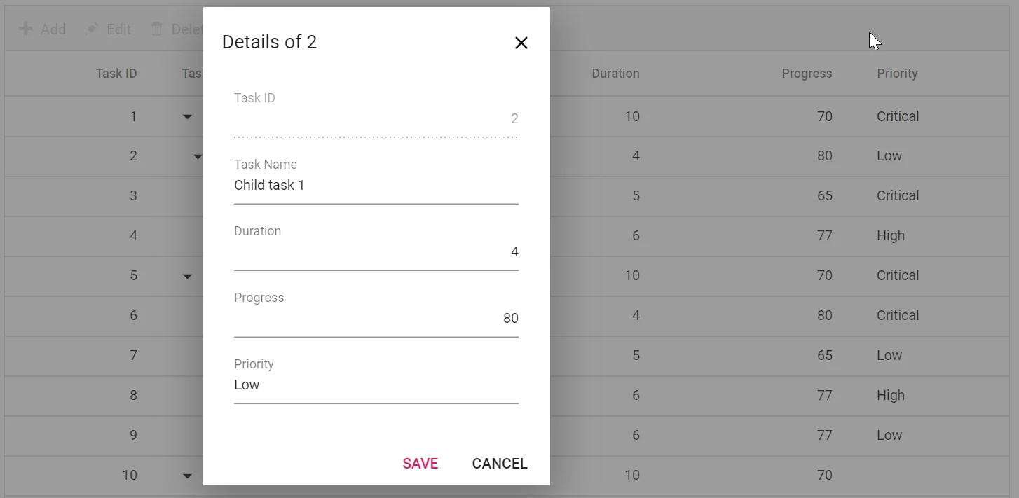 Dialog Editing in Blazor TreeGrid