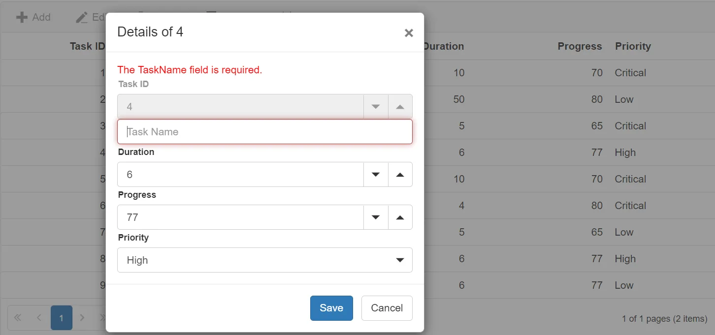 Display Validation in Blazor Tree Grid Dialog Template