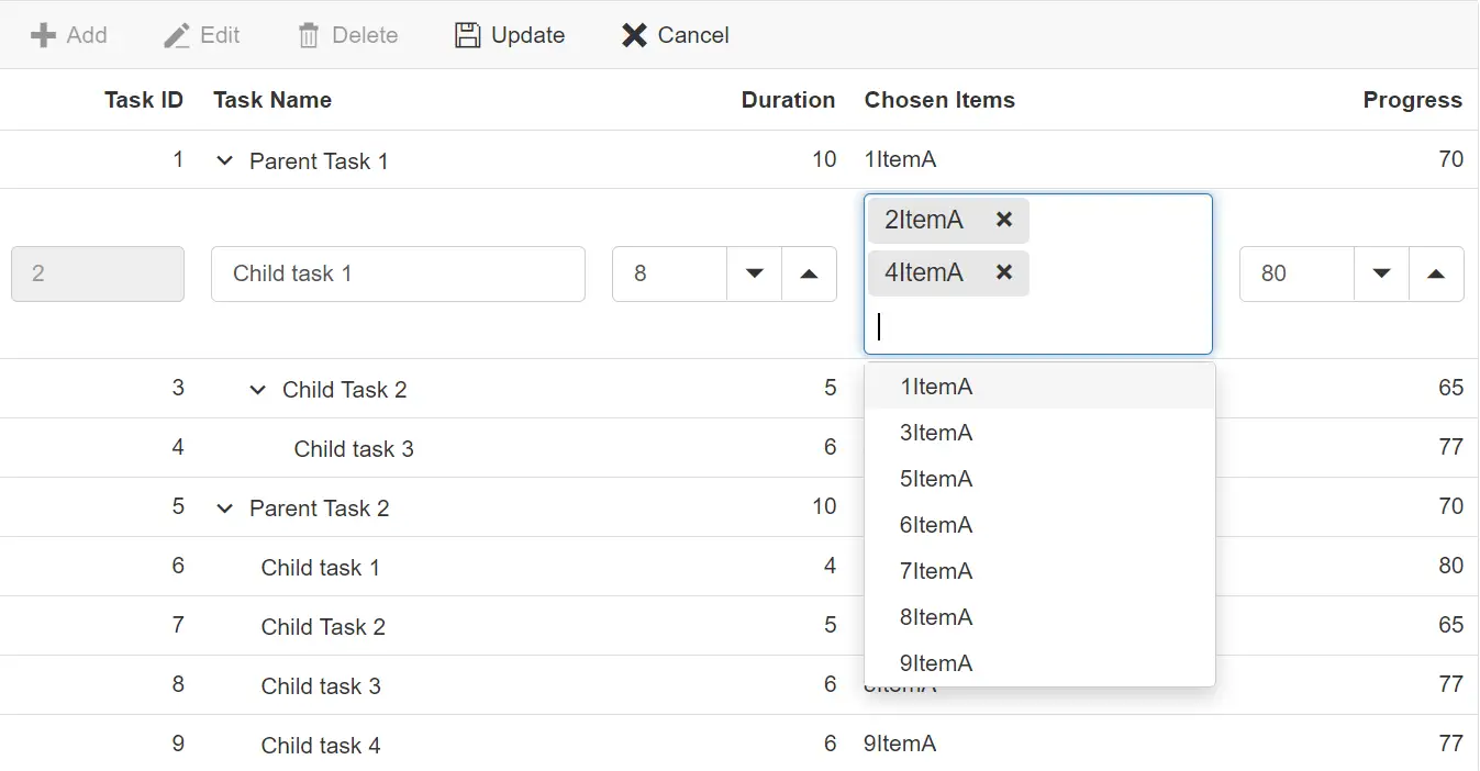 Blazor Tree Grid with Editing in Custom MultiSelect