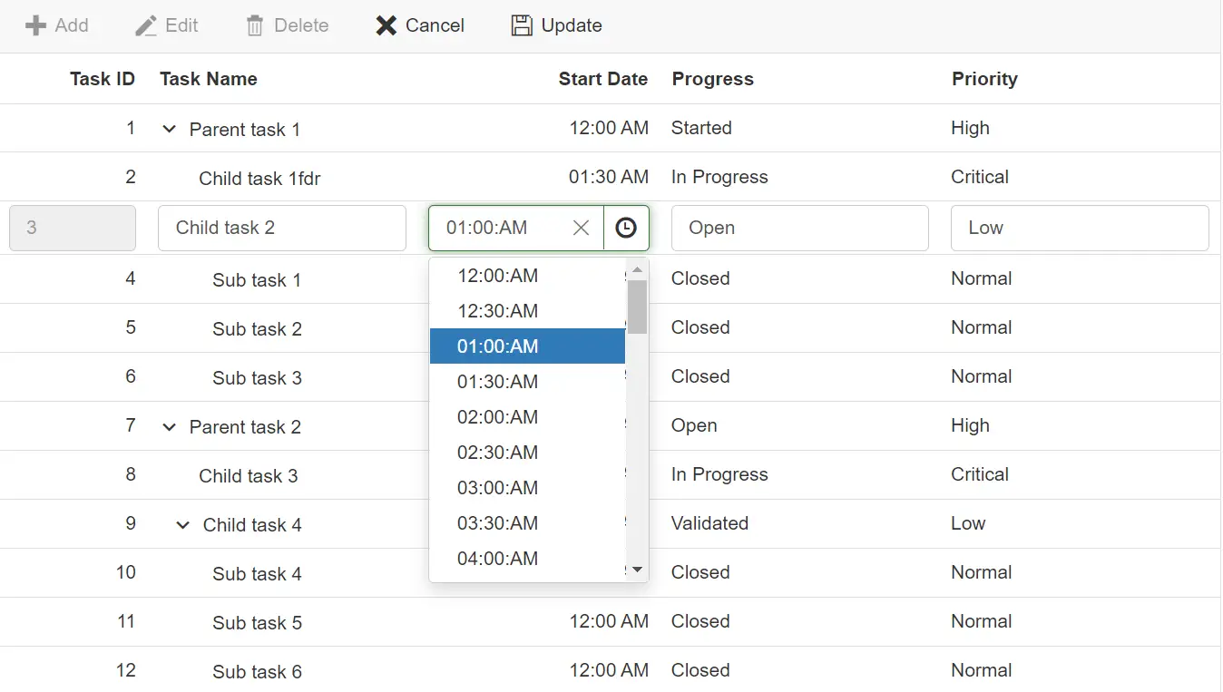 Blazor Tree Grid with Editing in Custom TimePicker
