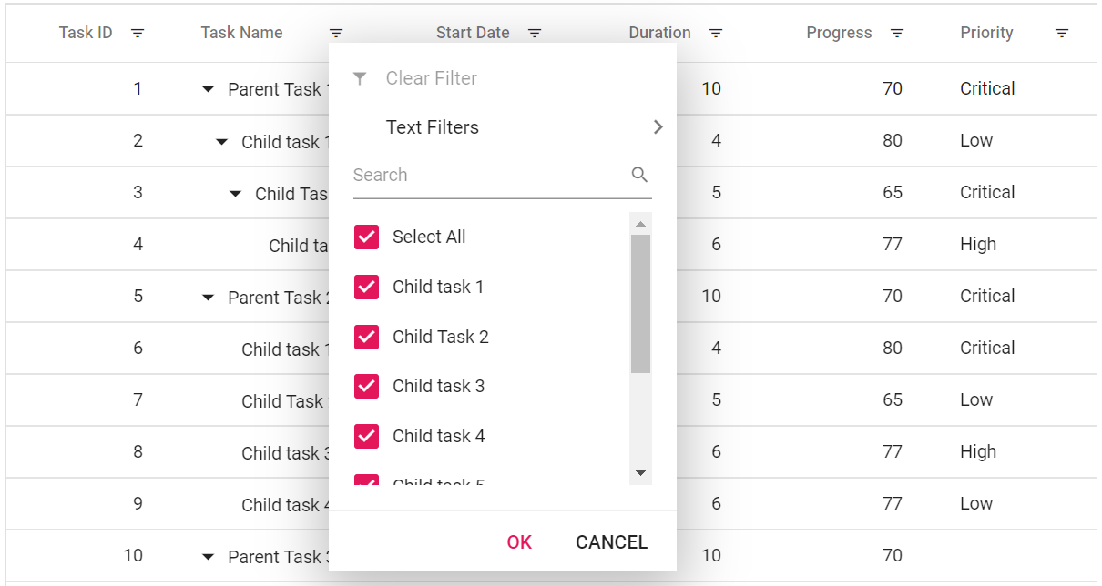 Displaying Excel Filter in Blazor Tree Grid