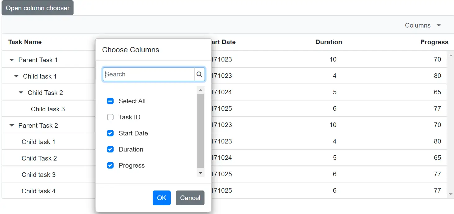 Opening Column Chooser in Blazor Tree Grid