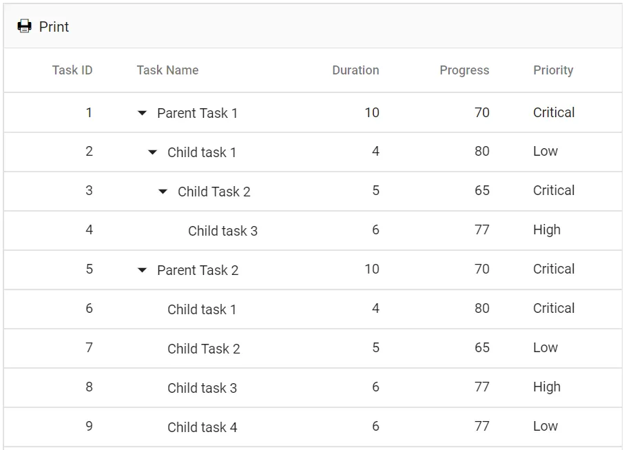Printing in Blazor TreeGrid