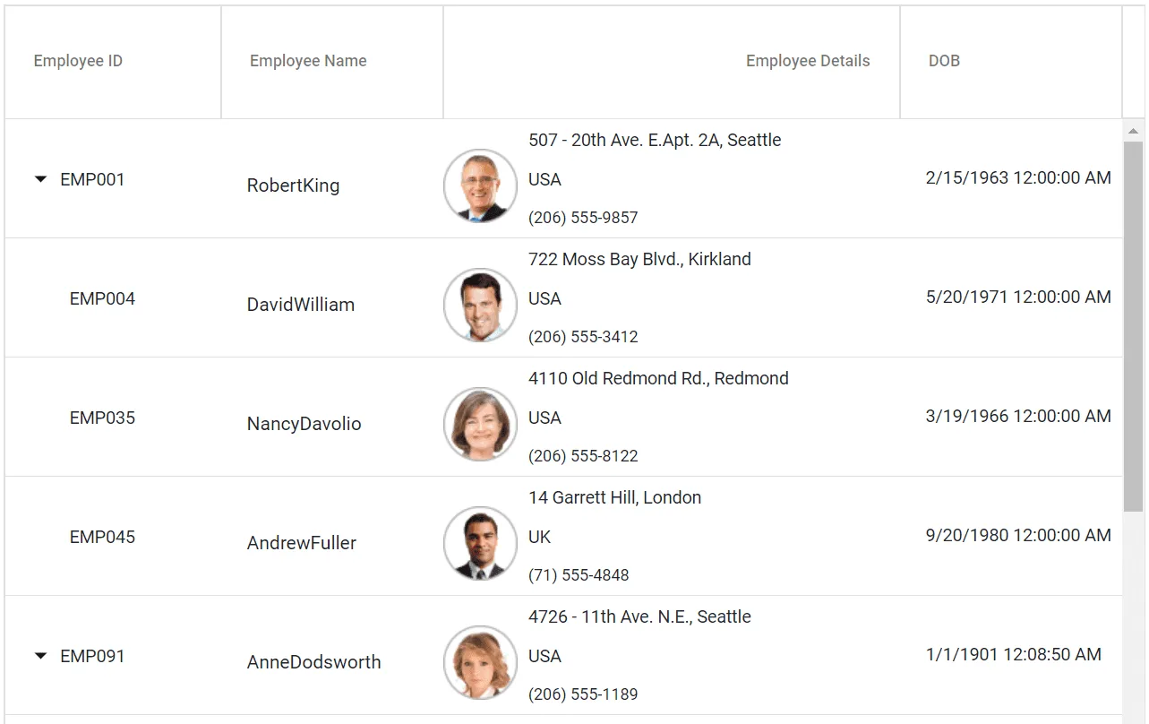 Blazor Tree Grid Row Template with Formatting