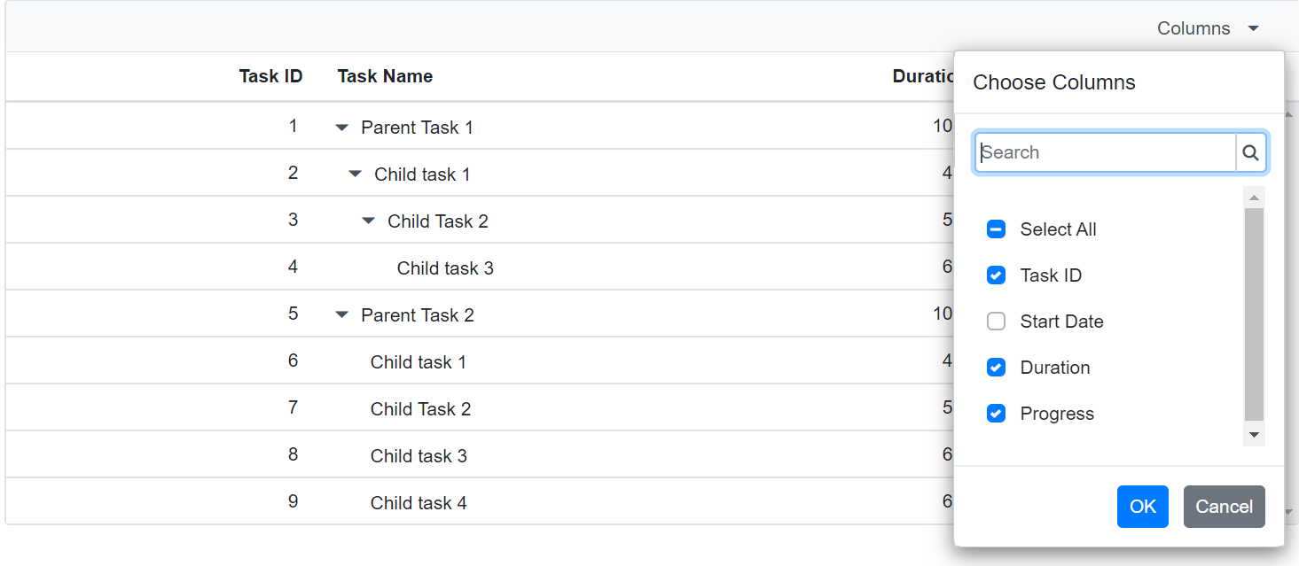 Show or Hide Columns in Blazor TreeGrid