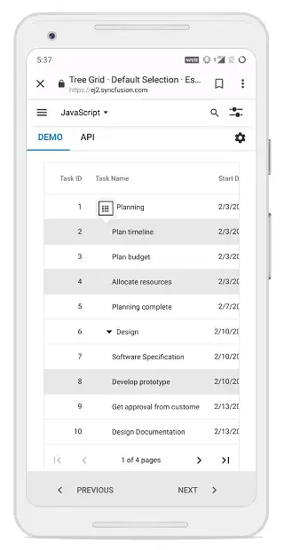 Blazor TreeGrid Selection with Touch Interaction