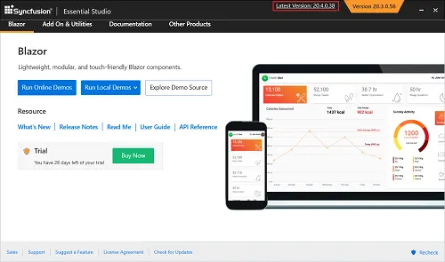 Syncfusion Blazor Control Panel showing Latest Version link
