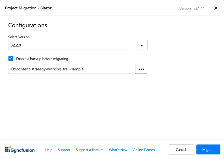 Select the target Syncfusion Blazor version in the Migration Wizard