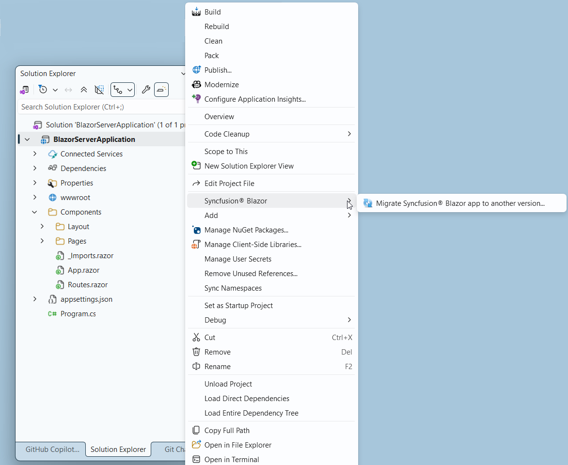 Open the Syncfusion Blazor Migration Wizard from Solution Explorer