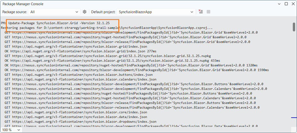 Package Manager Console Output