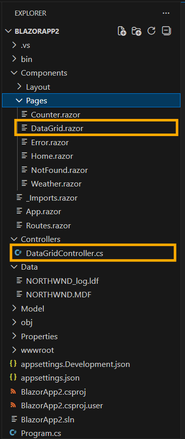 Required Controller and Razor files added in the project for the selected control